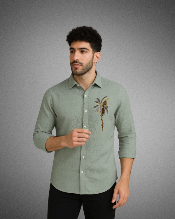 Men's Sage Green Palm Tree Embroidered Shirt