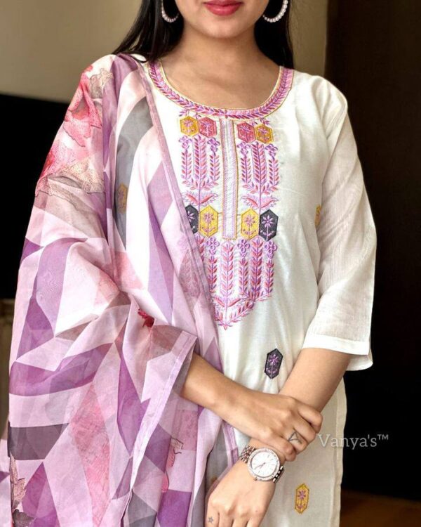 White Embroidered Kurti Set with Colorful Floral Dupatta