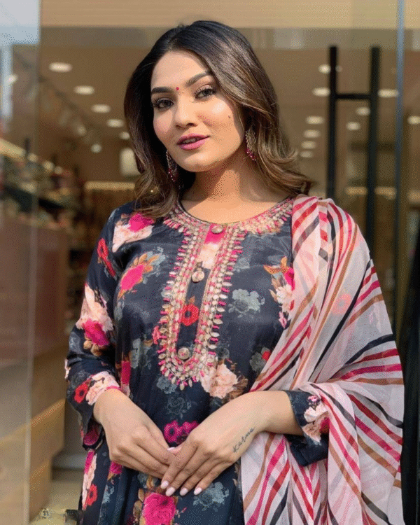 Black Floral Kurta Set with Embroidered Neckline and Striped Dupatta