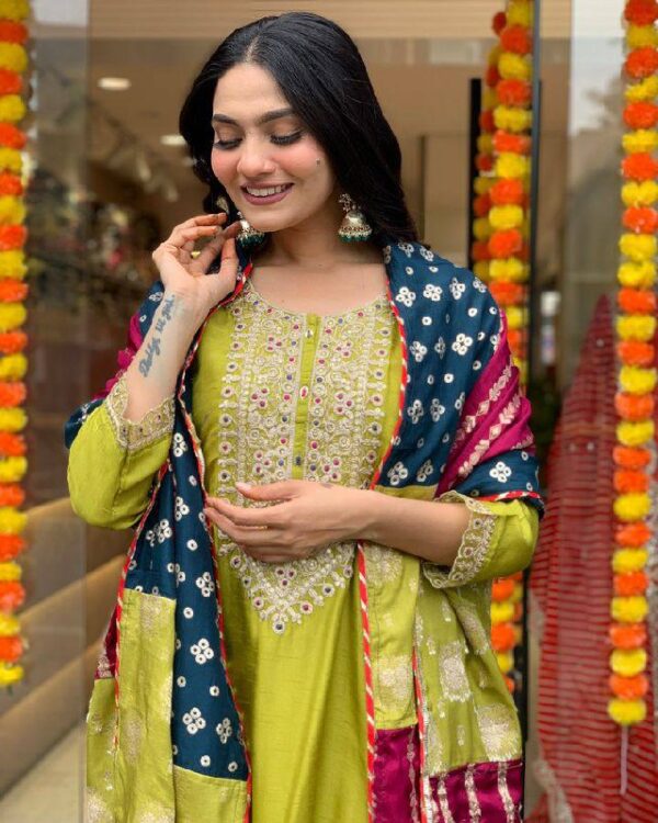 Lime Green Embroidered Kurta Set with Multicolor Dupatta