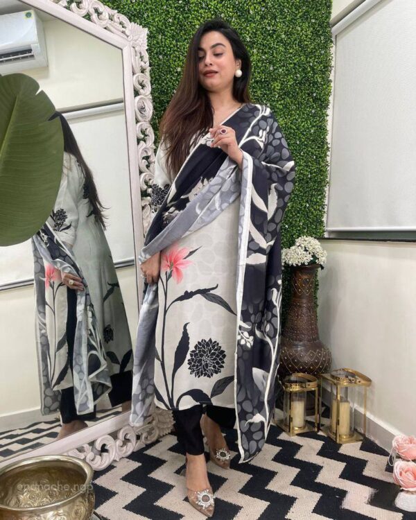 Elegant Printed Viscose Rayon Suit Set with Tebby Silk Dupatta