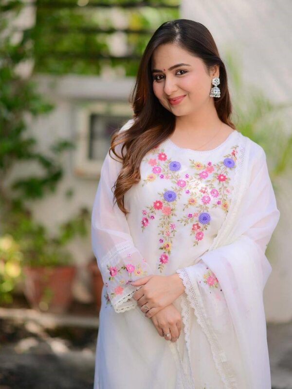 Ethereal White Georgette Anarkali Set with Intricate Embroidery