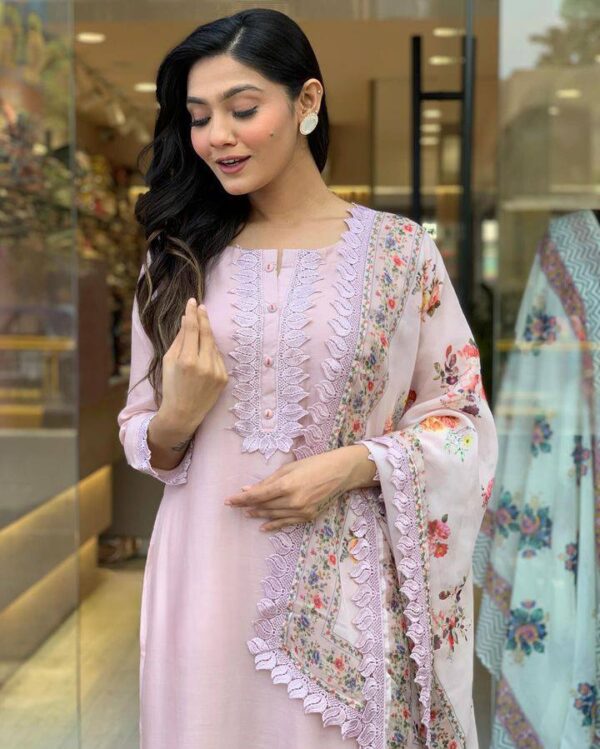 Pastel Pink Floral Embroidered Suit Set with Lace Accents