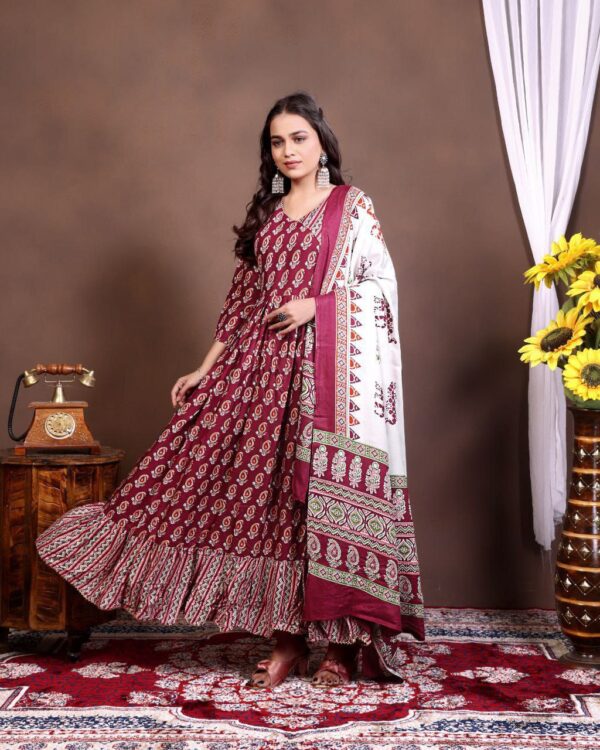 Maroon Foil Printed Rayon Gown with Elegant Dupatta