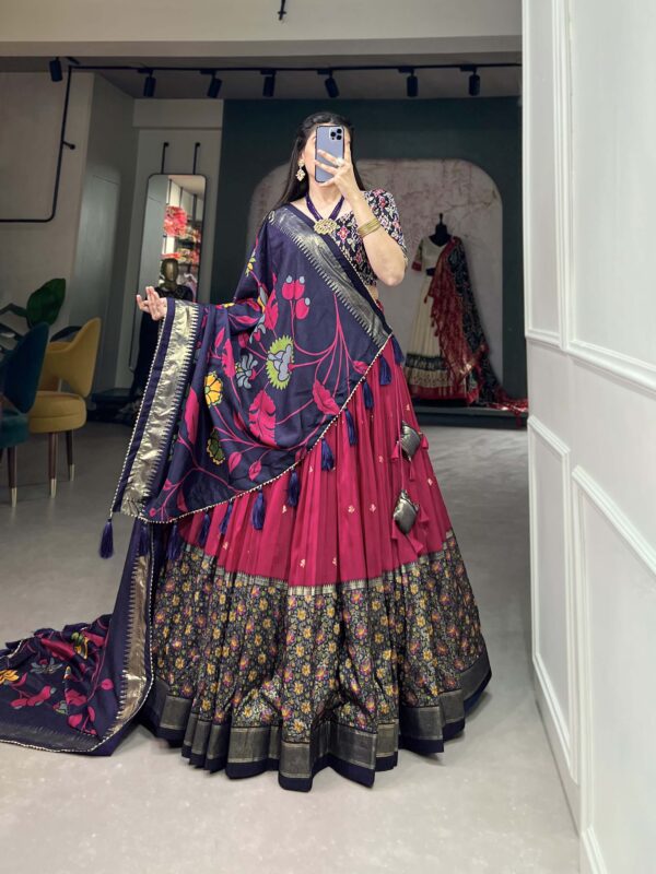 Tussar Silk Kalamkari Lehenga Choli with Maroon Dupatta & Foil Work Elegance