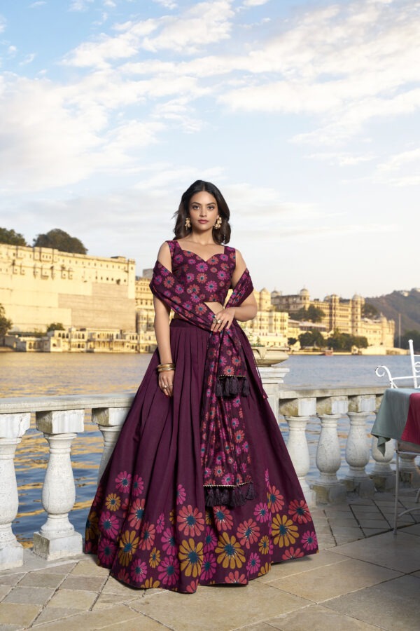Exquisite Floral Fantasy – Tussar Silk Lehenga Choli with Intricate Prints & Flowing Dupatta