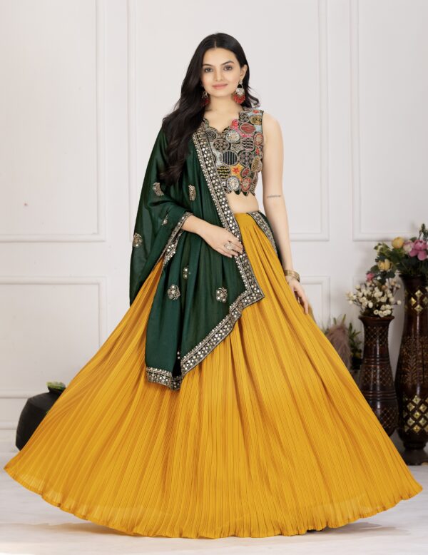Vibrant Mustard & Emerald Georgette Embroidered Lehenga Choli