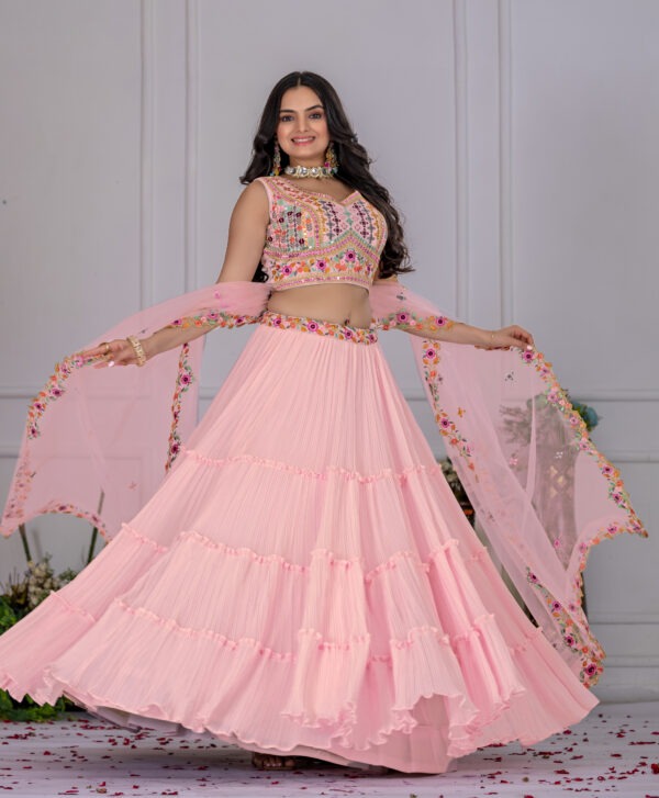 Elegant Peach Semi-Stitched Lehenga Choli Set with Embroidered Blouse & Soft Net Dupatta