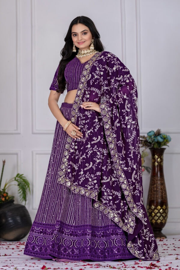 Embroidered Fox Georgette Lehenga Choli Set in Pistachio Green with Sequins & Thread Work